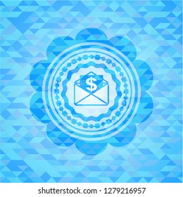 envelope with paper with money symbol inside icon inside realistic light blue emblem. Mosaic background