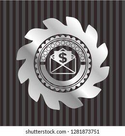 envelope with paper with money symbol inside icon inside silvery shiny badge