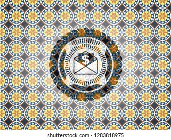 envelope with paper with money symbol inside icon inside arabesque style badge. arabic decoration.