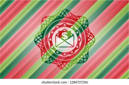 envelope with paper with money symbol inside icon inside christmas colors style badge.