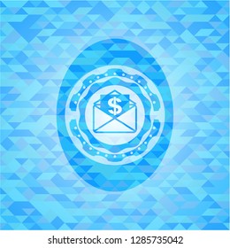 envelope with paper with money symbol inside icon inside sky blue emblem. Mosaic background