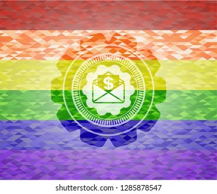 envelope with paper with money symbol inside icon inside lgbt colors emblem 
