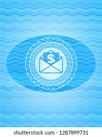 envelope with paper with money symbol inside icon inside water wave badge background.