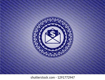 envelope with paper with money symbol inside icon inside jean background