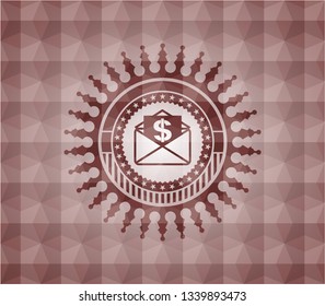envelope with paper with money symbol inside icon inside red seamless emblem or badge with abstract geometric polygonal pattern background.