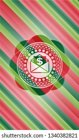 envelope with paper with money symbol inside icon inside christmas style badge..