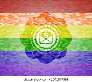 envelope with paper with money symbol inside icon inside emblem on mosaic background with the colors of the LGBT flag