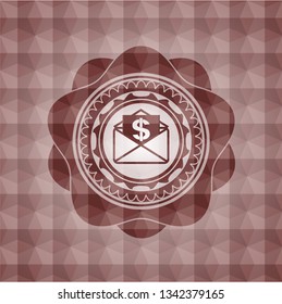 envelope with paper with money symbol inside icon inside red seamless badge with geometric pattern background.
