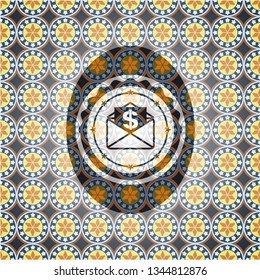 envelope with paper with money symbol inside icon inside arabesque style emblem. arabic decoration.