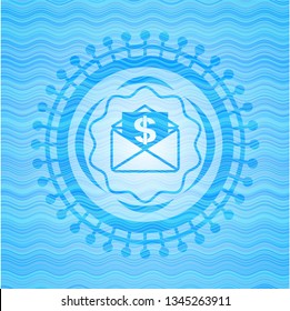 envelope with paper with money symbol inside icon inside light blue water wave style emblem.