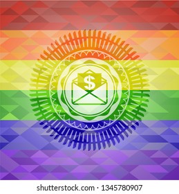 envelope with paper with money symbol inside icon on mosaic background with the colors of the LGBT flag