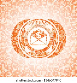 envelope with paper with money symbol inside icon inside orange mosaic emblem