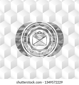 envelope with paper with money symbol inside icon inside grey badge with geometric cube white background