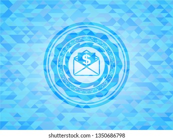 envelope with paper with money symbol inside icon inside realistic light blue mosaic emblem