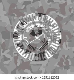 envelope with paper with money symbol inside icon on grey camouflaged texture