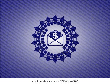 envelope with paper with money symbol inside icon inside denim background