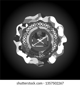 envelope with paper with money symbol inside icon inside grey camo emblem