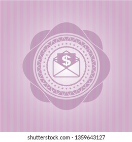 envelope with paper with money symbol inside icon inside pink emblem. Retro
