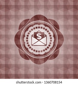 envelope with paper with money symbol inside icon inside red emblem with geometric pattern background. Seamless.