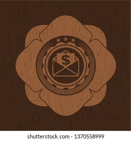 envelope with paper with money symbol inside icon inside vintage wooden emblem