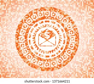 envelope with paper with money symbol inside icon inside orange mosaic emblem with background