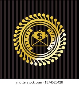 envelope with paper with money symbol inside icon inside gold shiny badge
