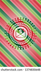 envelope with paper with money symbol inside icon inside christmas style emblem.