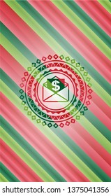 envelope with paper with money symbol inside icon inside christmas colors emblem.