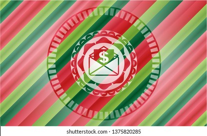 envelope with paper with money symbol inside icon inside christmas colors badge.