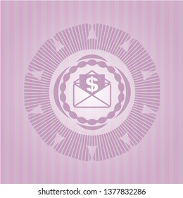 envelope with paper with money symbol inside icon inside pink emblem. Vintage.