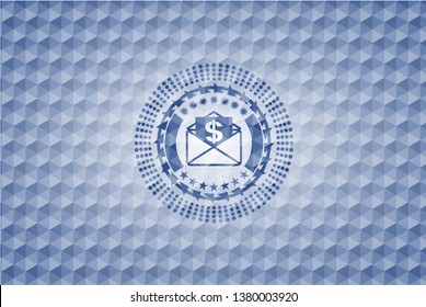 envelope with paper with money symbol inside icon inside blue emblem or badge with abstract geometric polygonal pattern background.