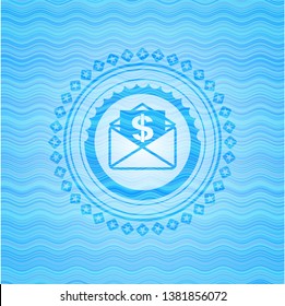 envelope with paper with money symbol inside icon inside light blue water wave emblem.