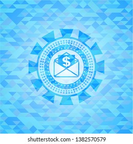 envelope with paper with money symbol inside icon inside light blue emblem. Mosaic background