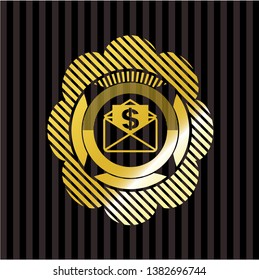 envelope with paper with money symbol inside icon inside gold badge or emblem