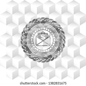 envelope with paper with money symbol inside icon inside grey emblem. Retro with geometric cube white background