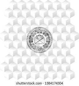 envelope with paper with money symbol inside icon inside grey badge with geometric cube white background