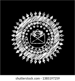 envelope with paper with money symbol inside icon inside chalkboard emblem written on a blackboard