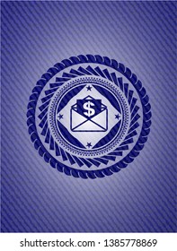 envelope with paper with money symbol inside icon inside denim background