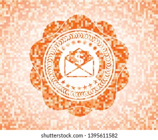 envelope with paper with money symbol inside icon inside orange tile background illustration. Square geometric mosaic seamless pattern with emblem inside.
