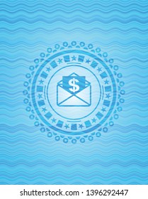 envelope with paper with money symbol inside icon inside light blue water wave badge background.