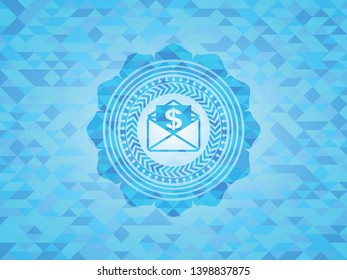 envelope with paper with money symbol inside icon inside sky blue emblem with mosaic background