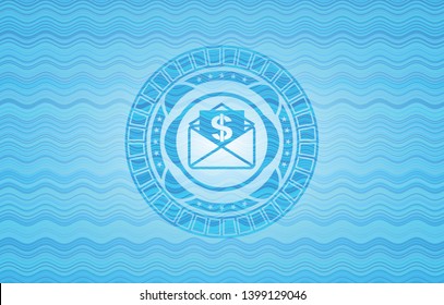 envelope with paper with money symbol inside icon inside water wave representation style emblem.