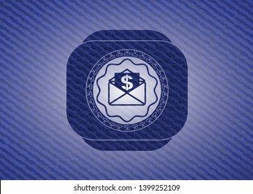 envelope with paper with money symbol inside icon inside badge with denim background