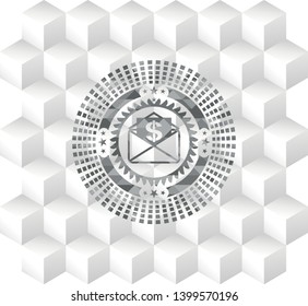 envelope with paper with money symbol inside icon inside grey badge with geometric cube white background