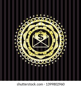 envelope with paper with money symbol inside icon inside gold badge or emblem