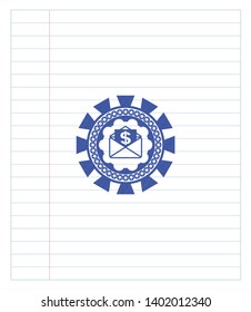 envelope with paper with money symbol inside icon emblem drawn with pen. Blue ink. Vector Illustration. Detailed.