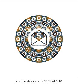 envelope with paper with money symbol inside icon inside arabesque badge background. arabic decoration.