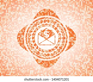 envelope with paper with money symbol inside icon inside abstract orange mosaic emblem with background