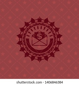 envelope with paper with money symbol inside icon inside red emblem. Vintage.