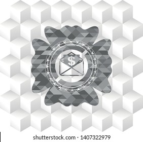 envelope with paper with money symbol inside icon inside grey badge with geometric cube white background